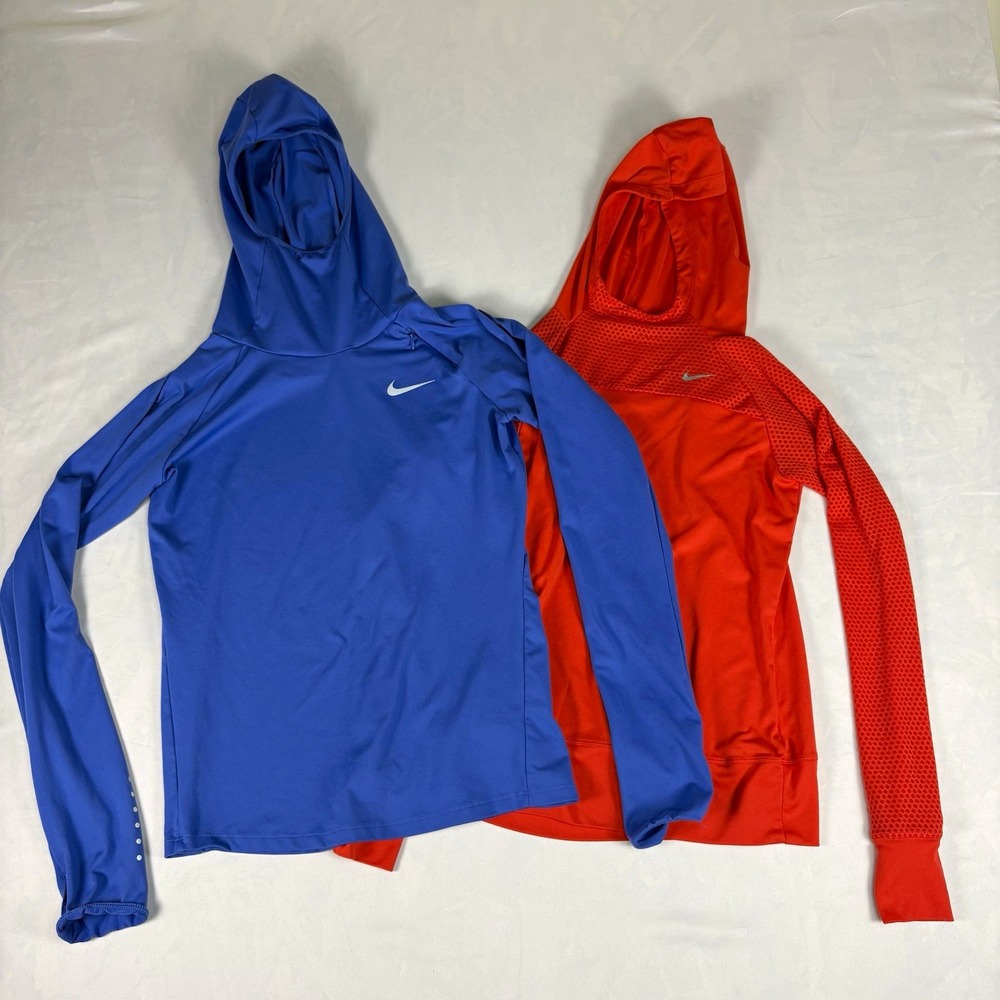 Lot of 2 Nike Running Dri-FIT Hoodie Womens S Blue Orange Thumbholes Reflective
